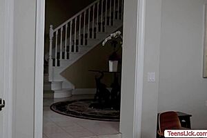 lesbian threesome licks pussy on bed