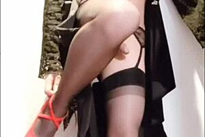 i'm selena the shemale in sexy high heels stockings long skirt masturbating to a cumshot orgasm on my legs