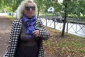 Nylon big boobs milf walks transparently outdoors