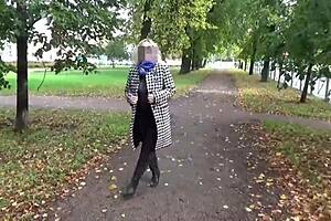 Nylon big boobs milf walks transparently outdoors