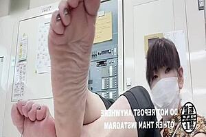 asian japanese girl works at office with feet fetish