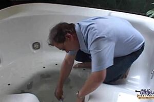 Fat Plumber Bends Over Skinny Blonde Teen for Cum in Mouth.