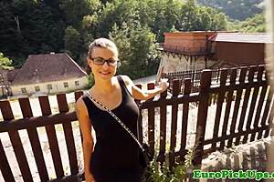 Euro Slut in Glasses Gets Facial in Public