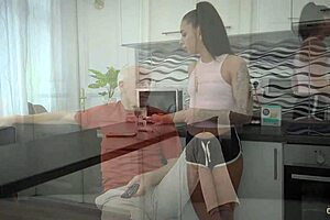 Young ebony rides old man's cock and swallows cum