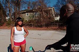 evasive angles catch a tattooed thug's eye, he takes her home for a blowjob, then plunges deep and cums on her chest