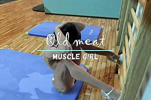 3D cartoon young girl in muscle training