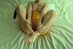 lana in a yellow dress masturbates her pussy when she was left at home alone