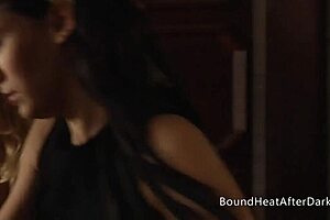 Naughty Lesbian Mistress Balances Pleasure And Punishment With Strapon On Bound Submissive.