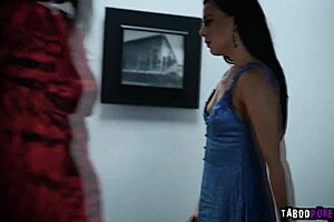 she whispers, join our hot lesbian threesome at the office with big tits and interracial fun