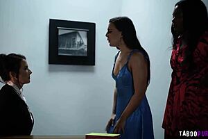 she whispers, join our hot lesbian threesome at the office with big tits and interracial fun