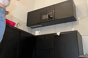 This tall blonde wife shows off her big tits and ass in the kitchen for casting.