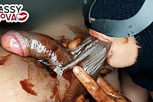 girlfriend sucks and licks black cock with syrup! what a christmas treat?