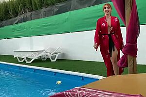 busty latina sucks my big cock in the pool while our friend watchs