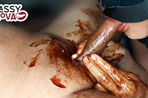 girlfriend sucks and licks black cock with syrup! what a christmas treat?