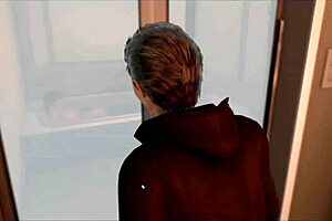 Peeping on stepmom in bathroom during hentai game