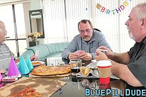 old man fucks a seductive young 18+ babe for his birthday, cowgirl riding hairy pussy