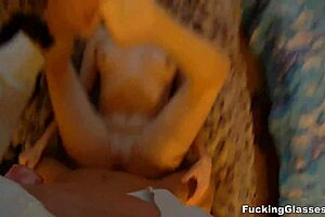 christina fucks with glasses, shaved teen pussy on display