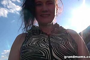 granny moans while riding monster cock outdoors, masturbating her saggy tits