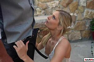 Petite Bride Enjoys Wedding Feast with Hubby and Waiter