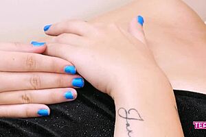 Super hot blonde teen masturbates on the sofa.