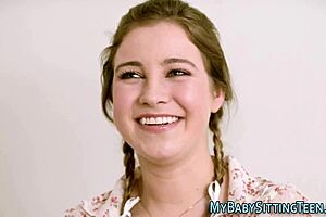 Teen babysitter gives blowjob and rides hard