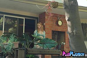 busty redhead teen maya kendrick posing in garden, showing hot body in lingerie