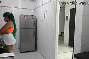 Watch the latina employee suck cock while masturbating her pussy!