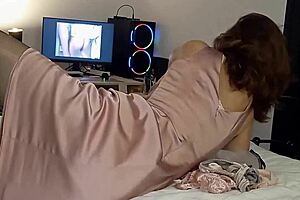 Amateur slut in pink satin dress and lingerie slammed hard from behind