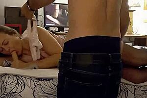 Amateur slut in pink satin dress and lingerie slammed hard from behind