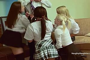 Four Babes in School Uniform Get Fucked in Turn with Cunilingus and Fingering