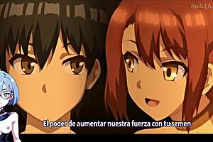 In Isekai Harem Monogatari, the futanari character with big tits engages in hentai action