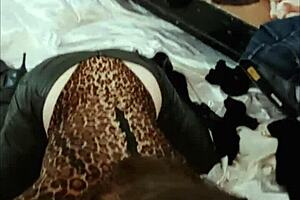 French amateur in black leather pants and heels