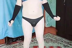 blue dress crossdresser rides cowgirl with big ass