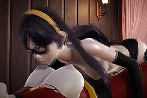 in the incredibles universe, violet parr and helen have double futa sex with creampie in 3d porn