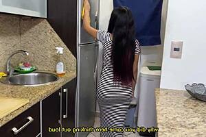 My sexy hijastra cleans kitchen in tight dress, showing hot ass