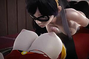 in the incredibles universe, violet parr and helen have double futa sex with creampie in 3d porn
