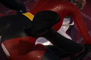 in the incredibles universe, violet parr and helen have double futa sex with creampie in 3d porn