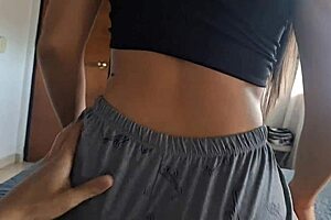 Hired maid in tight shorts makes me horny, I stroke my cock in front of her