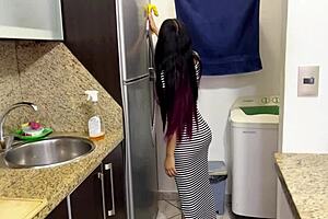 My sexy hijastra cleans kitchen in tight dress, showing hot ass