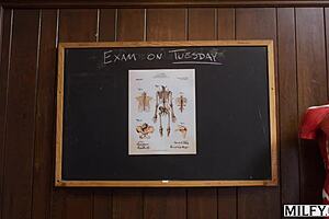 Milfy fit blonde teacher Millie keeps bad boy after school for pussy muff diving and blowjob