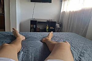 Hired maid in tight shorts makes me horny, I stroke my cock in front of her