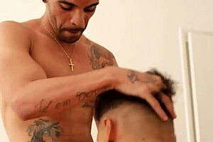 Gay model tests couch for job with cum and tattoo POV