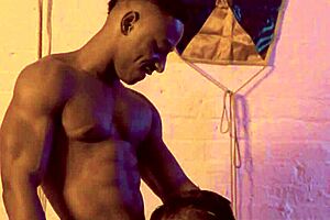 Interracial passion explodes! Black hunk barebacks muscular white ass!