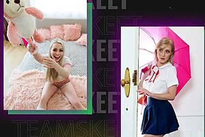 Nerdy tiny teen with pigtails gets intimate