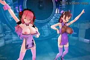 two girls dance in 3d anime to the music rhythm