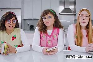 Book Club FOURSOME with Nerdy Girlfriends Sucking COCK