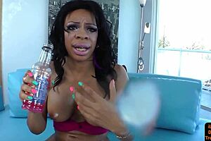 Beautiful Black Transsexual in Stockings Strokes Big Cock Solo