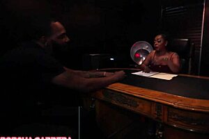 slutty boss deep throats and gags on employee's cock