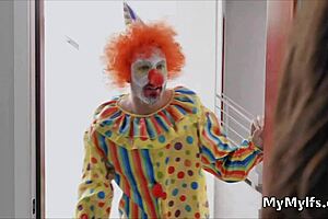 Horny housewife rides clown's hard cock intensely