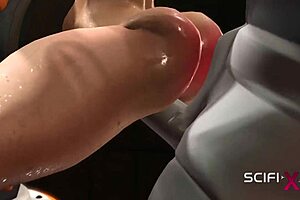 Busty blonde endures rough deepthroat and assfucking by android in sci-fi lab